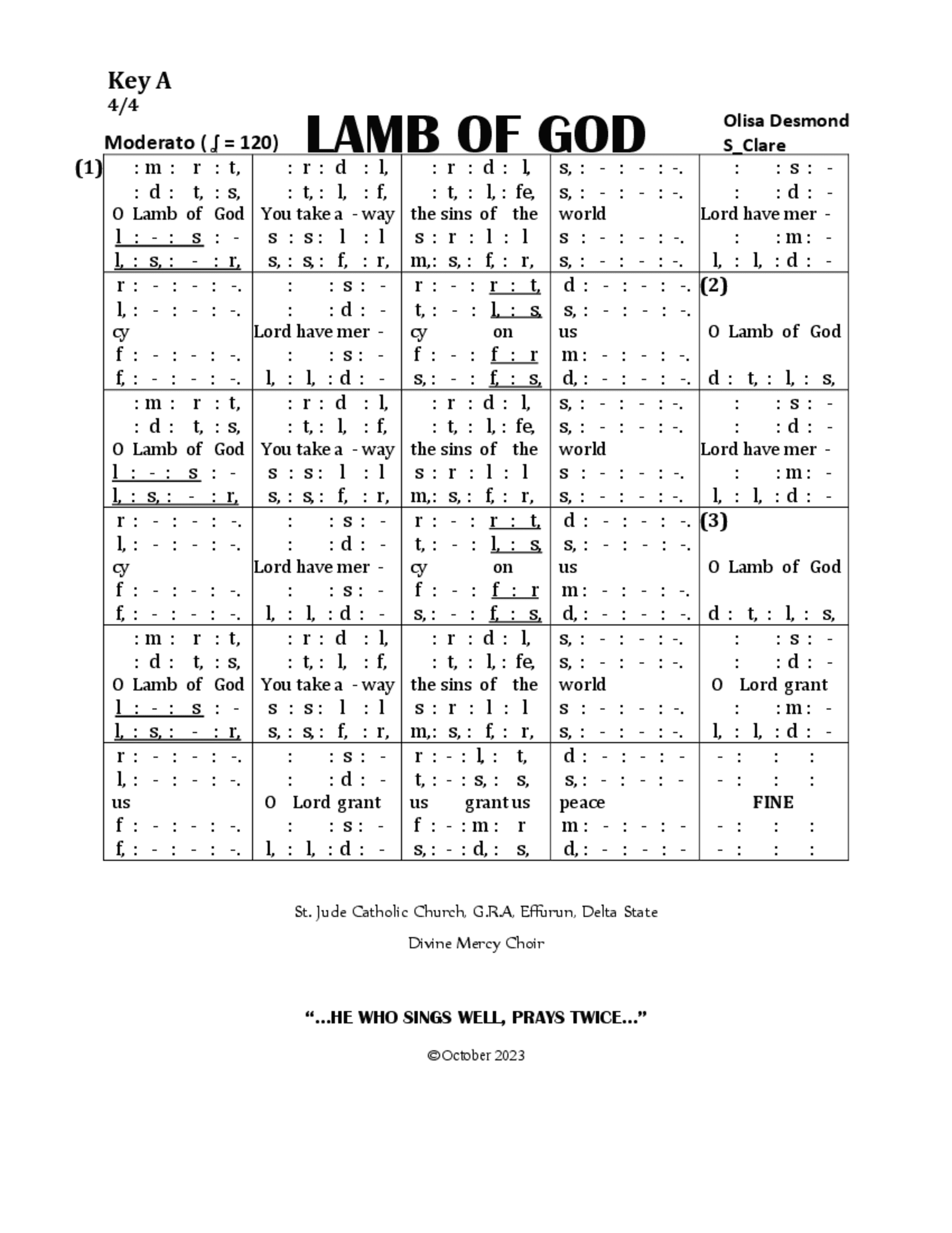 Lamb Of God (Mrt) by olisa desmond & s_clare | ChoirScript.net