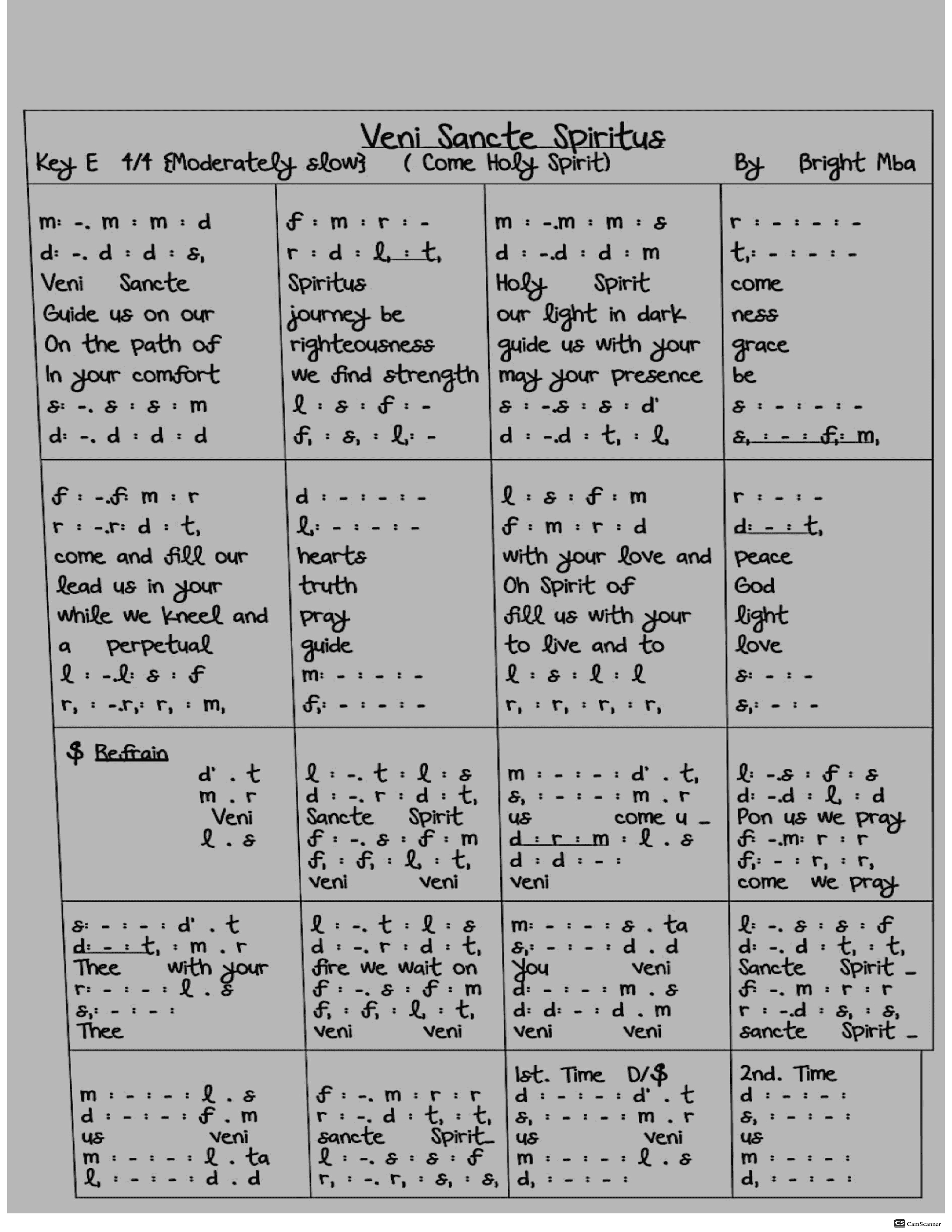 Veni Sancte Spiritus (Come Holy Sprit) by bright mba | ChoirScript.net